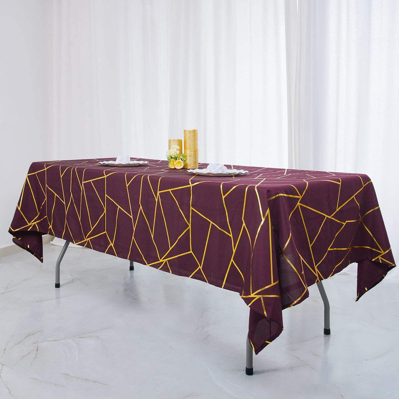 60"x102" Polyester Rectangular Tablecloth with Metallic Geometric Pattern - Burgundy with Gold TAB_FOIL_60102_BURG_G