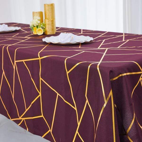 60"x102" Polyester Rectangular Tablecloth with Metallic Geometric Pattern - Burgundy with Gold TAB_FOIL_60102_BURG_G