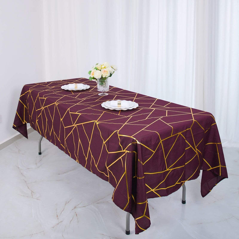 60"x102" Polyester Rectangular Tablecloth with Metallic Geometric Pattern - Burgundy with Gold TAB_FOIL_60102_BURG_G