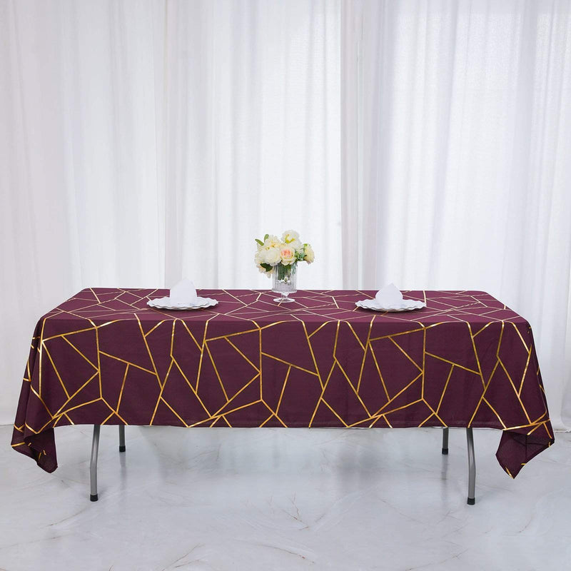 60"x102" Polyester Rectangular Tablecloth with Metallic Geometric Pattern - Burgundy with Gold TAB_FOIL_60102_BURG_G
