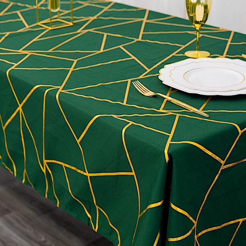 60"x102" Polyester Rectangular Tablecloth with Metallic Geometric Pattern - Hunter Green with Gold TAB_FOIL_60102_HUNT_G
