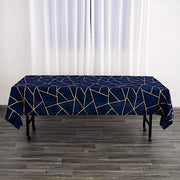60"x102" Polyester Rectangular Tablecloth with Metallic Geometric Pattern - Navy Blue with Gold TAB_FOIL_60102_NAVY_G
