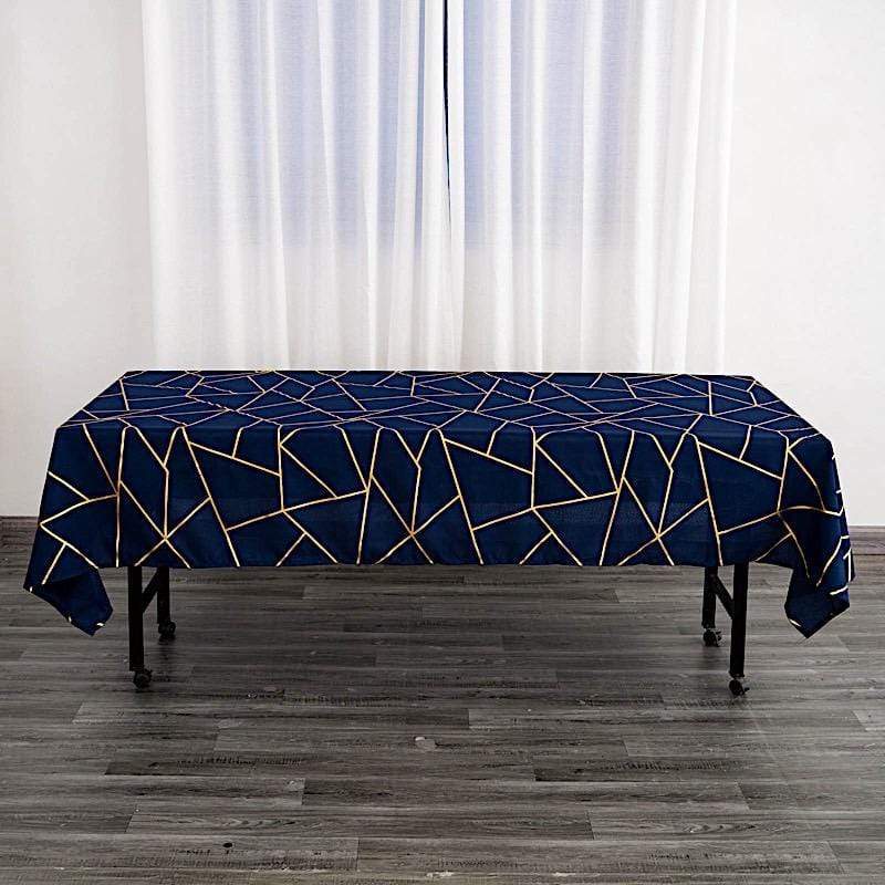 60"x102" Polyester Rectangular Tablecloth with Metallic Geometric Pattern - Navy Blue with Gold TAB_FOIL_60102_NAVY_G