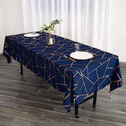 60"x102" Polyester Rectangular Tablecloth with Metallic Geometric Pattern - Navy Blue with Gold TAB_FOIL_60102_NAVY_G