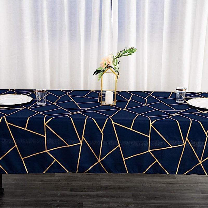 60"x102" Polyester Rectangular Tablecloth with Metallic Geometric Pattern - Navy Blue with Gold TAB_FOIL_60102_NAVY_G
