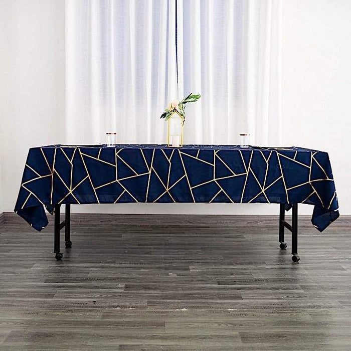 60"x102" Polyester Rectangular Tablecloth with Metallic Geometric Pattern - Navy Blue with Gold TAB_FOIL_60102_NAVY_G
