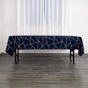 60"x102" Polyester Rectangular Tablecloth with Metallic Geometric Pattern - Navy Blue with Gold TAB_FOIL_60102_NAVY_G