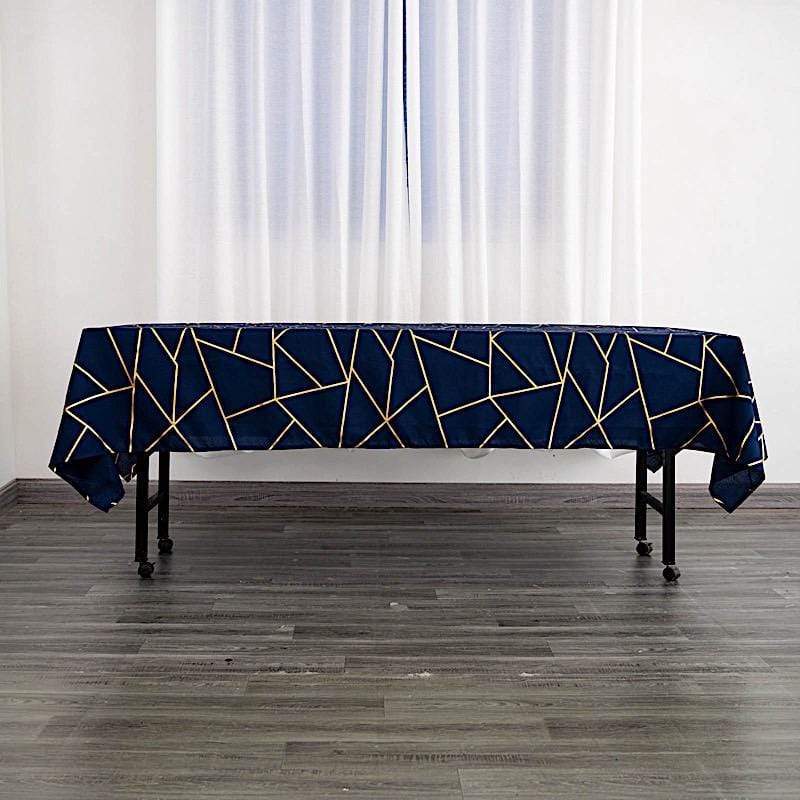 60"x102" Polyester Rectangular Tablecloth with Metallic Geometric Pattern - Navy Blue with Gold TAB_FOIL_60102_NAVY_G