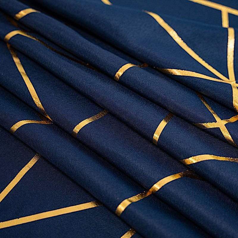 60"x102" Polyester Rectangular Tablecloth with Metallic Geometric Pattern - Navy Blue with Gold TAB_FOIL_60102_NAVY_G