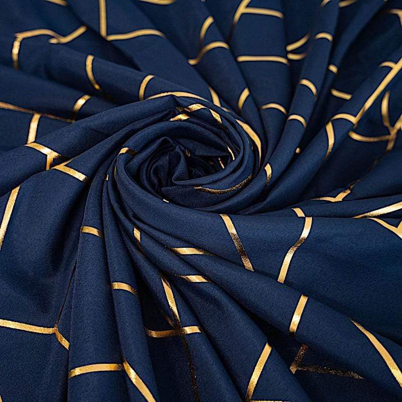 60"x102" Polyester Rectangular Tablecloth with Metallic Geometric Pattern - Navy Blue with Gold TAB_FOIL_60102_NAVY_G