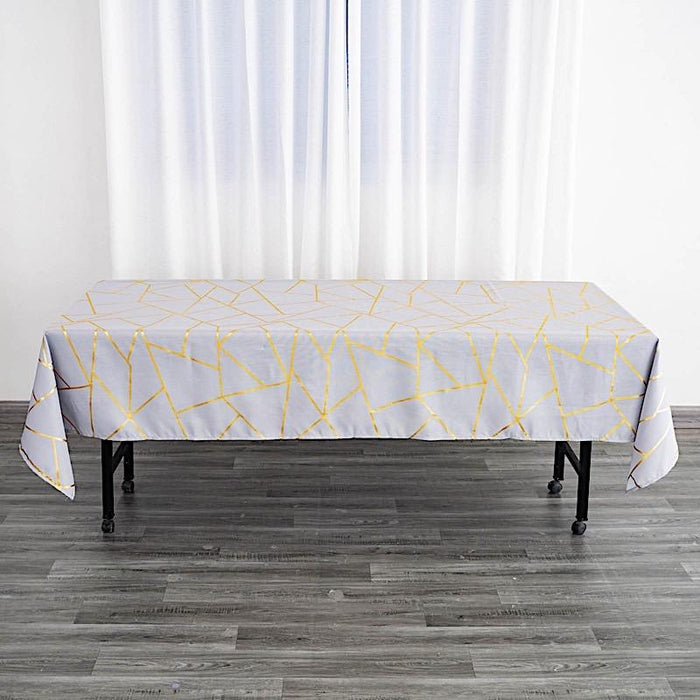 60"x102" Polyester Rectangular Tablecloth with Metallic Geometric Pattern - Silver with Gold TAB_FOIL_60102_SILV_G