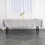 60"x102" Polyester Rectangular Tablecloth with Metallic Geometric Pattern - Silver with Gold TAB_FOIL_60102_SILV_G