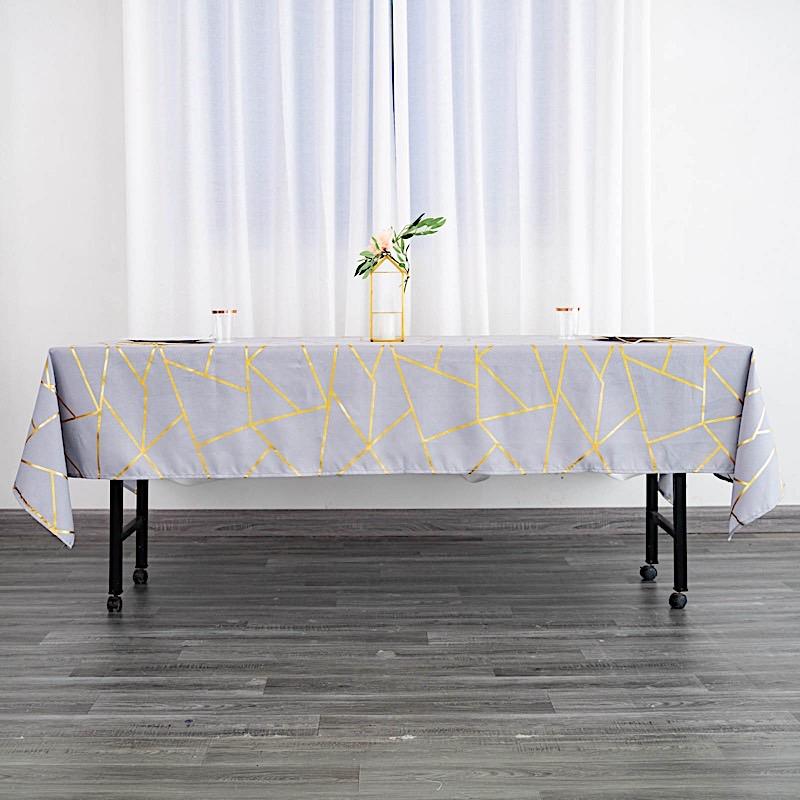 60"x102" Polyester Rectangular Tablecloth with Metallic Geometric Pattern - Silver with Gold TAB_FOIL_60102_SILV_G