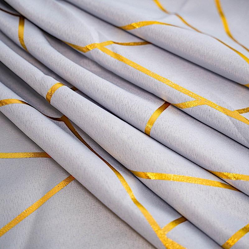 60"x102" Polyester Rectangular Tablecloth with Metallic Geometric Pattern - Silver with Gold TAB_FOIL_60102_SILV_G