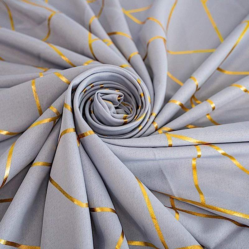 60"x102" Polyester Rectangular Tablecloth with Metallic Geometric Pattern - Silver with Gold TAB_FOIL_60102_SILV_G