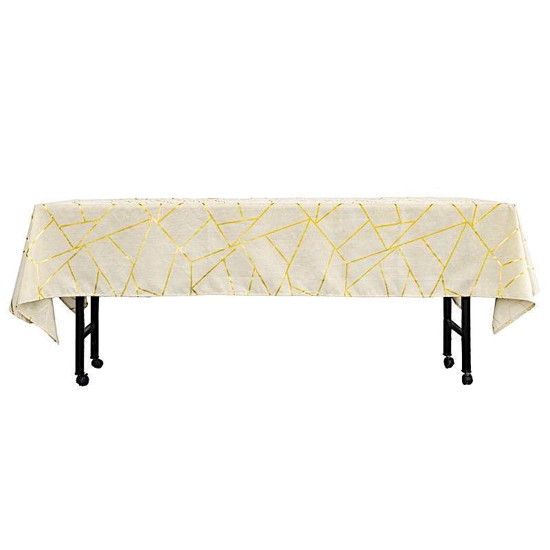 60"x102" Polyester Rectangular Tablecloth with Metallic Geometric Pattern - Beige with Gold TAB_FOIL_60102_081_G
