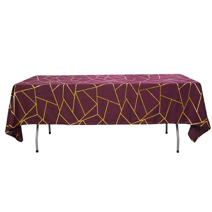 60"x102" Polyester Rectangular Tablecloth with Metallic Geometric Pattern - Burgundy with Gold TAB_FOIL_60102_BURG_G