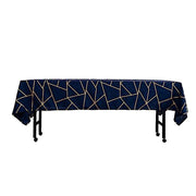 60"x102" Polyester Rectangular Tablecloth with Metallic Geometric Pattern - Navy Blue with Gold TAB_FOIL_60102_NAVY_G