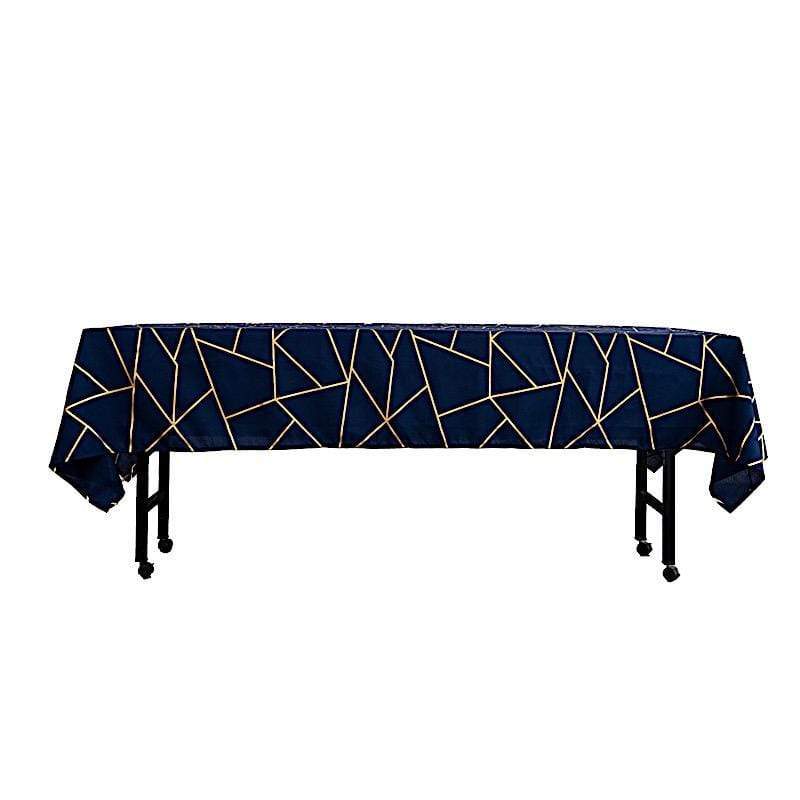 60"x102" Polyester Rectangular Tablecloth with Metallic Geometric Pattern - Navy Blue with Gold TAB_FOIL_60102_NAVY_G
