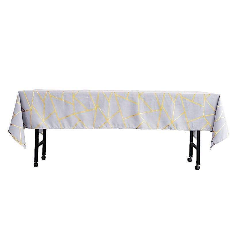 60"x102" Polyester Rectangular Tablecloth with Metallic Geometric Pattern - Silver with Gold TAB_FOIL_60102_SILV_G