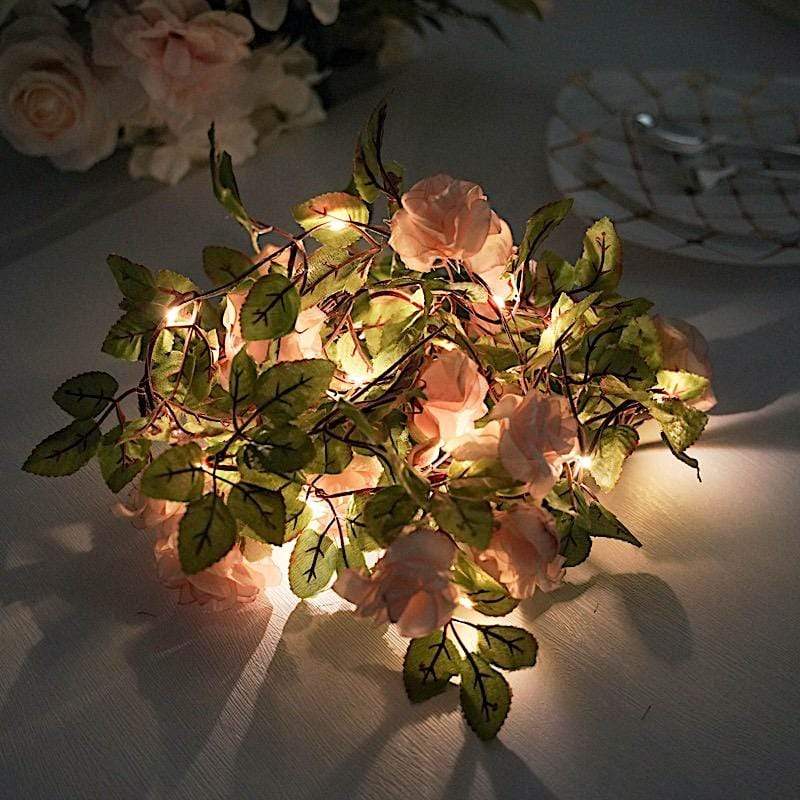 7 ft LED Roses with Leaves Garland Battery Operated Fairy Lights - Blush and Green LEDSTR_ARTI_006_046