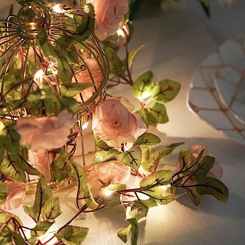 7 ft LED Roses with Leaves Garland Battery Operated Fairy Lights - Blush and Green LEDSTR_ARTI_006_046