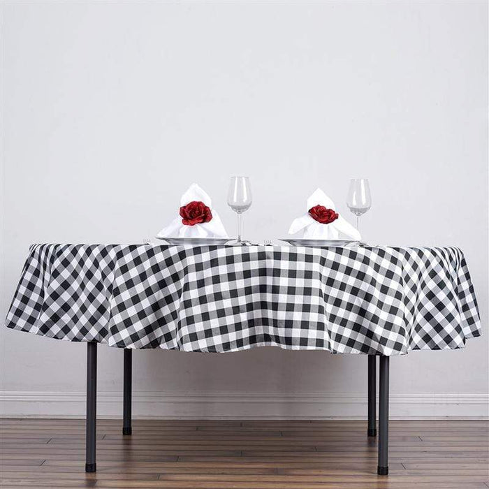 70 inch Black on White Round Gingham Checkered Polyester Tablecloth TAB_CHK70_BLK