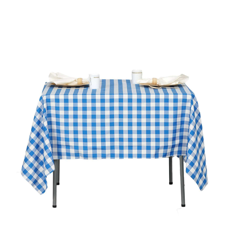 70" x 70" Checkered Gingham Polyester Tablecloth - Blue and White TAB_CHK7070_BLUE