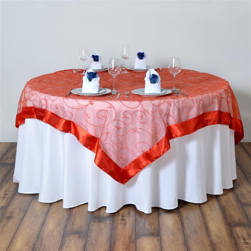 72 inch Satin Edge Embroidered Organza Table Overlay LAY72_EMB_BRNT
