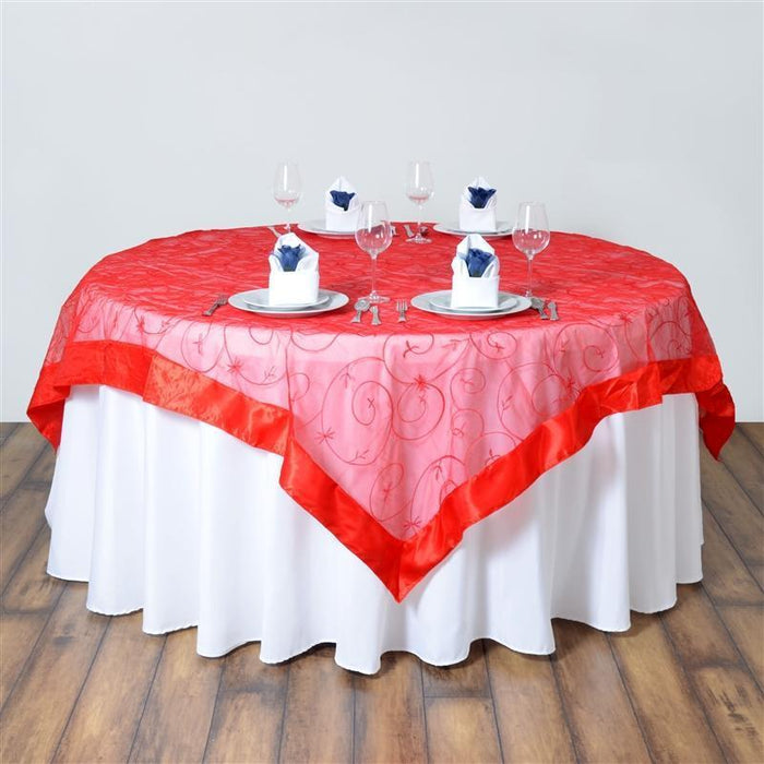 72 inch Satin Edge Embroidered Organza Table Overlay LAY72_EMB_PURP