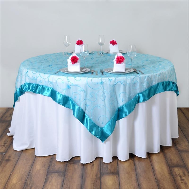 72 inch Satin Edge Embroidered Organza Table Overlay LAY72_EMB_SILV