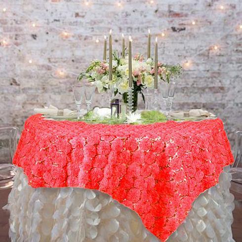 72" x 72" Satin Ribbon Flowers on Lace Table Overlay