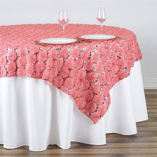 72" x 72" Satin Ribbon Flowers on Lace Table Overlay LAY72_31_019