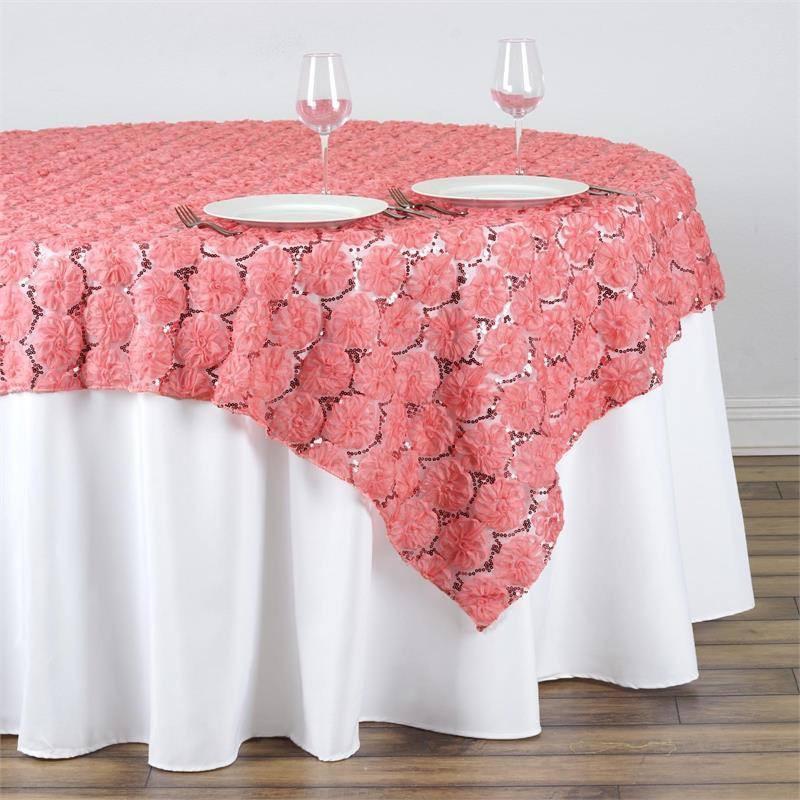 72" x 72" Satin Ribbon Flowers on Lace Table Overlay