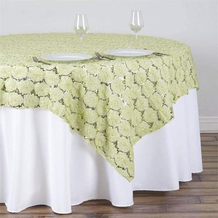 72" x 72" Satin Ribbon Flowers on Lace Table Overlay LAY72_31_021