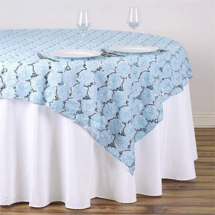 72" x 72" Satin Ribbon Flowers on Lace Table Overlay LAY72_31_023