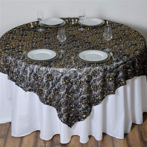 72" x 72" Satin Ribbon Flowers on Tulle Table Overlay - Black and Gold LAY72_30_BLK_GOLD