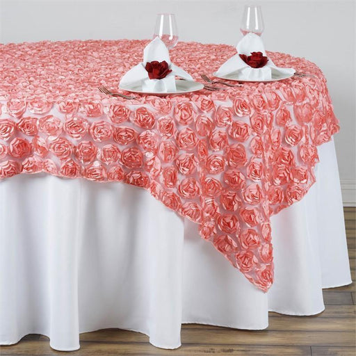 72" x 72" Satin Ribbon Roses on Lace Table Overlay - Rose Quartz Pink LAY72_32_019