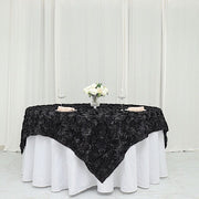72" x 72" Satin Ribbon Roses Table Overlay LAY72_01_BLK