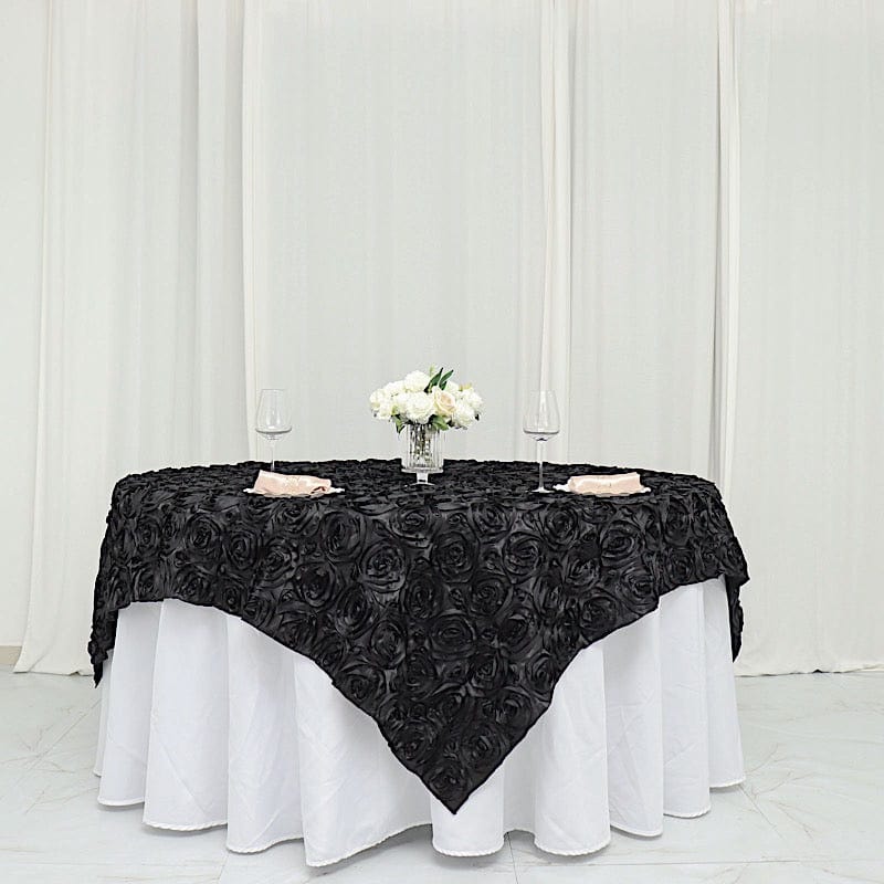 72" x 72" Satin Ribbon Roses Table Overlay LAY72_01_BLK