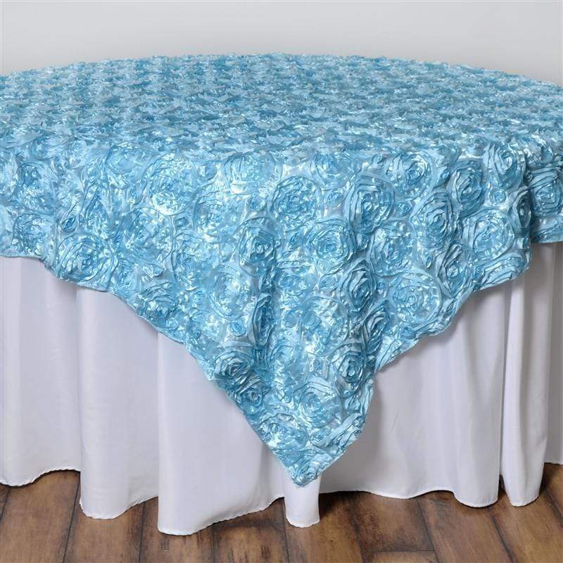 72" x 72" Satin Ribbon Roses Table Overlay LAY72_01_BLUE