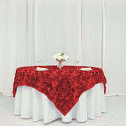 72" x 72" Satin Ribbon Roses Table Overlay LAY72_01_RED