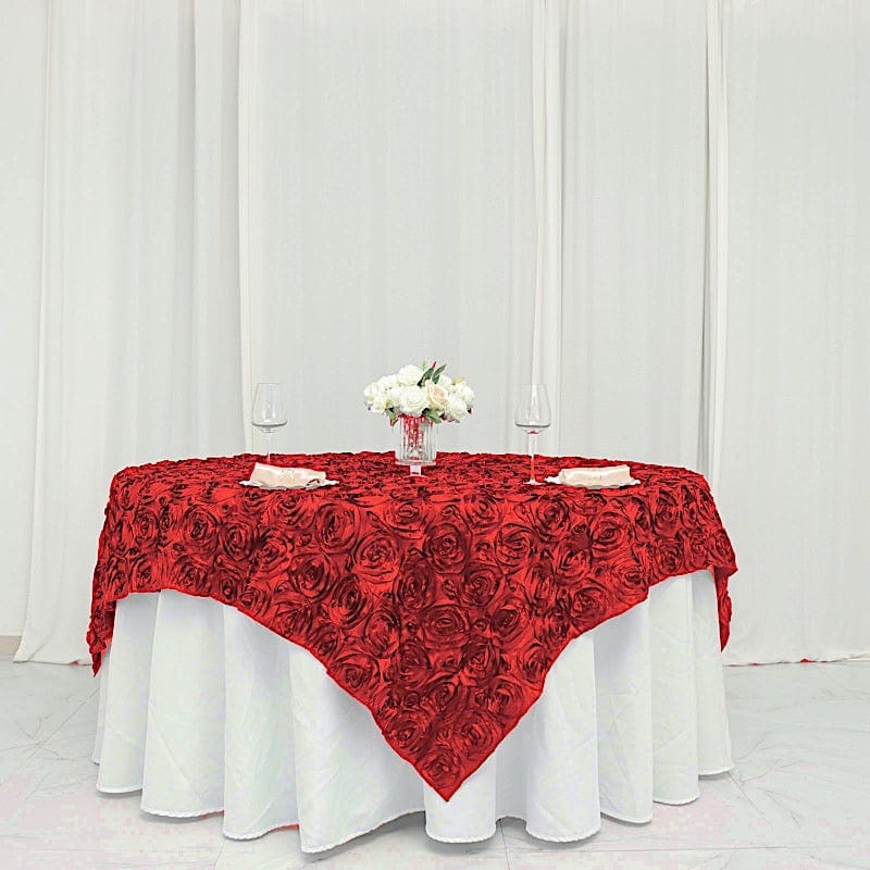 72" x 72" Satin Ribbon Roses Table Overlay LAY72_01_RED