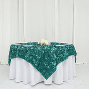 72" x 72" Satin Ribbon Roses Table Overlay LAY72_01_TURQ