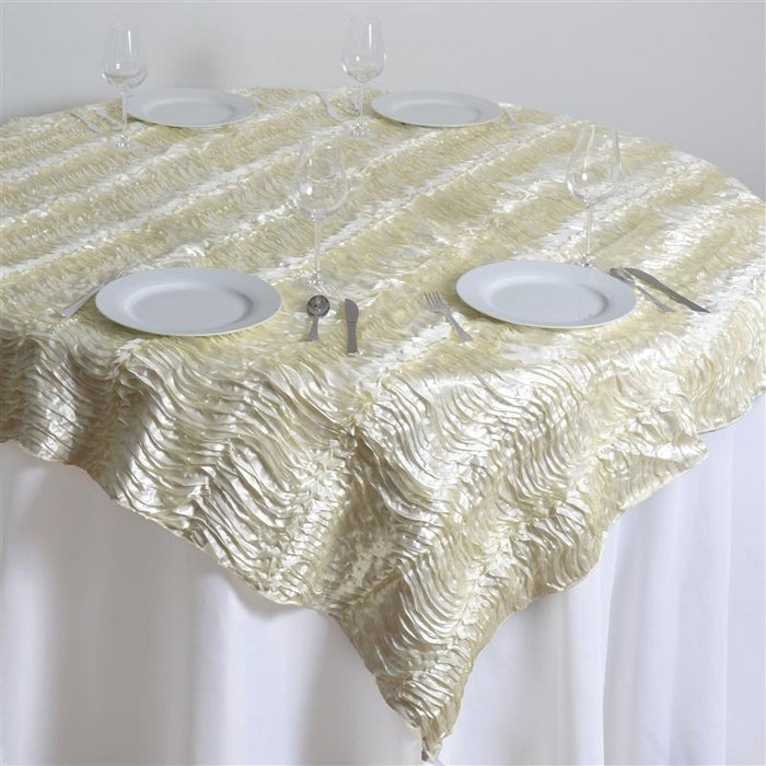 72" x 72" Satin Ribbon Waves Table Overlay - Champagne LAY72_29_IVR