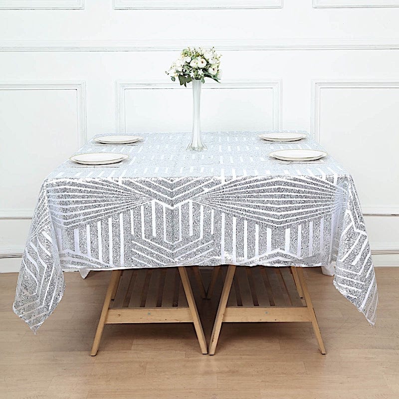 72"x72" Tulle Square Table Overlay with Sequins and Geometric Pattern