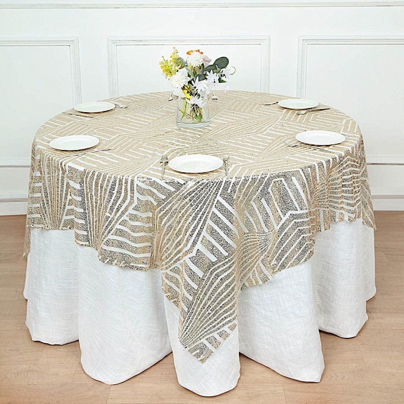 72"x72" Tulle Square Table Overlay with Sequins and Geometric Pattern
