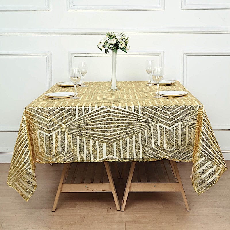 72"x72" Tulle Square Table Overlay with Sequins and Geometric Pattern