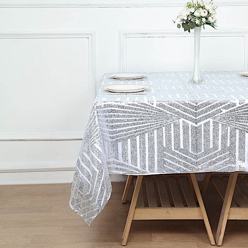 72"x72" Tulle Square Table Overlay with Sequins and Geometric Pattern