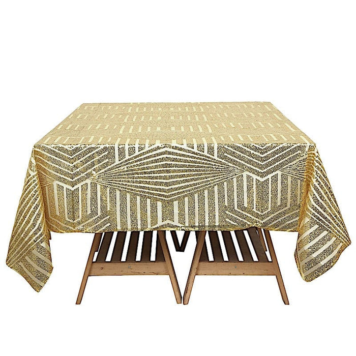 72"x72" Tulle Square Table Overlay with Sequins and Geometric Pattern LAY72_02G_GOLD